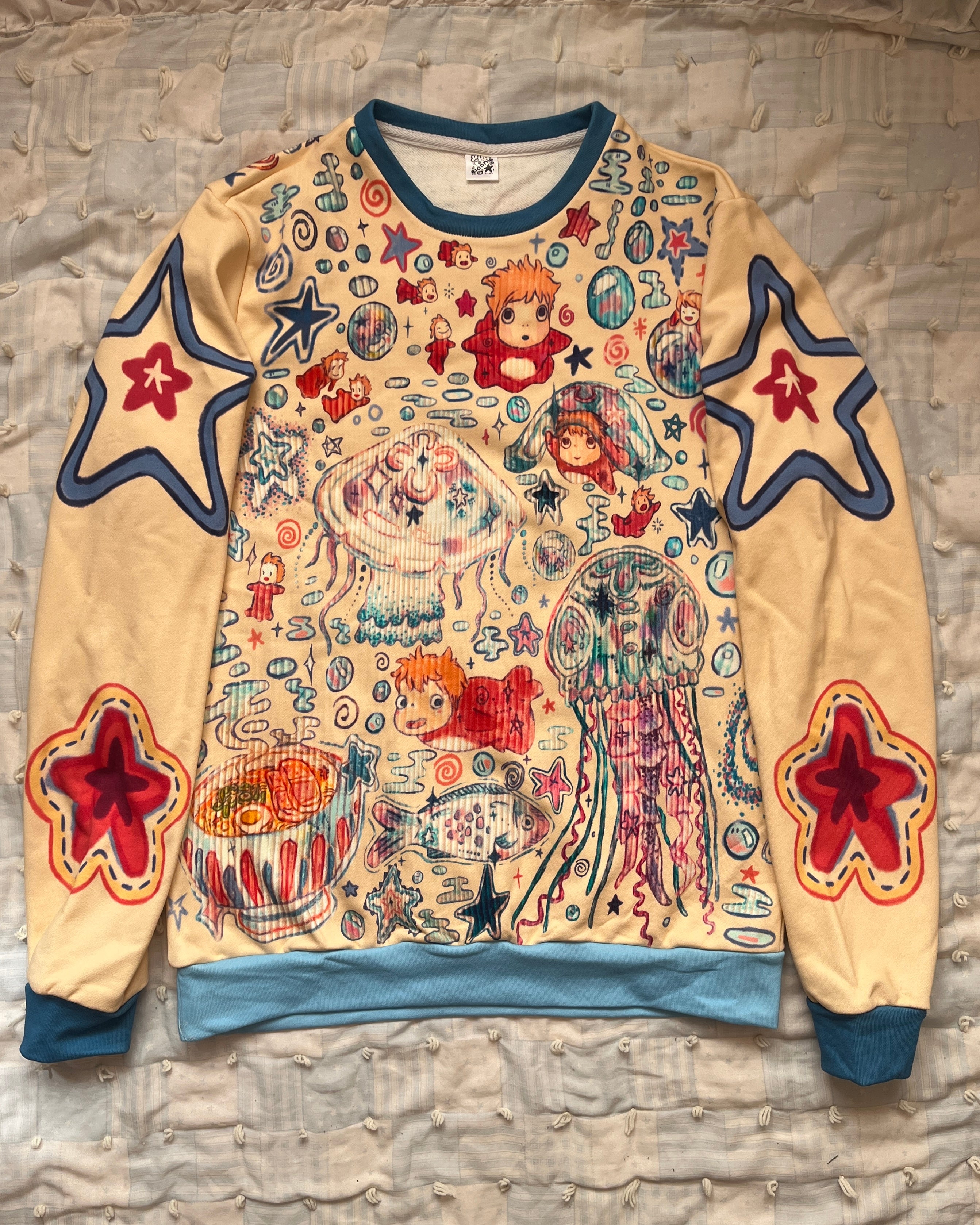 Fishy in the Sea Sweater (M) ~ Beige Sleeves, Blue Hem