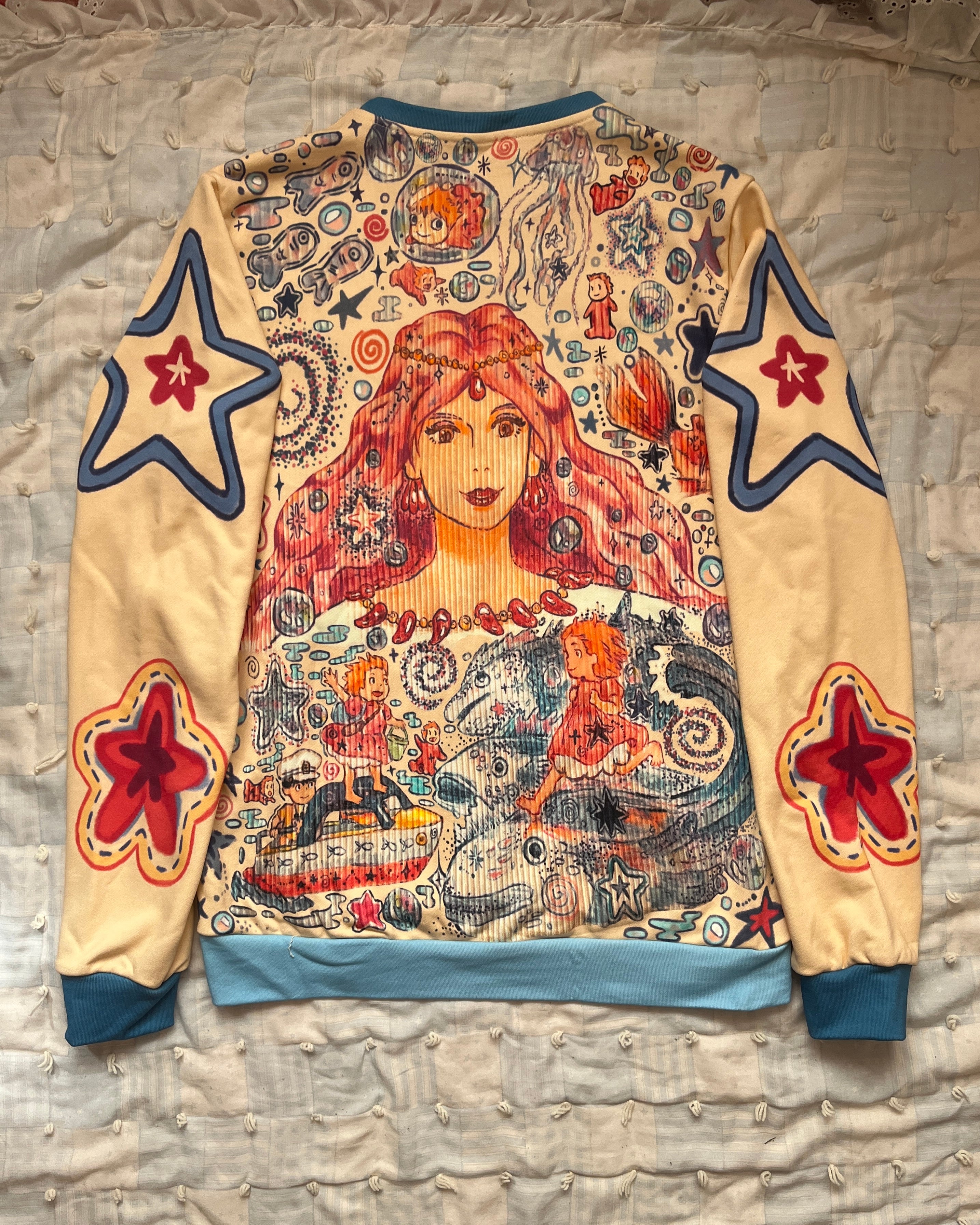 Fishy in the Sea Sweater (M) ~ Beige Sleeves, Blue Hem